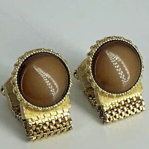 Vintage Cufflinks~ Brown Moonglow ~1" Round Insets~Mesh Wrap Around~ Goldtone